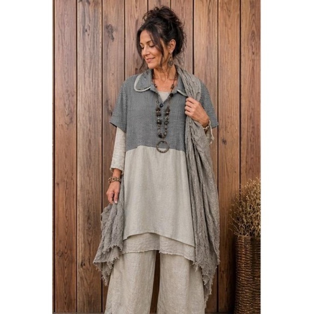Sweet Jessie XL Lagenlook Tunic Linen Blend Oversized‎ Neutral Top